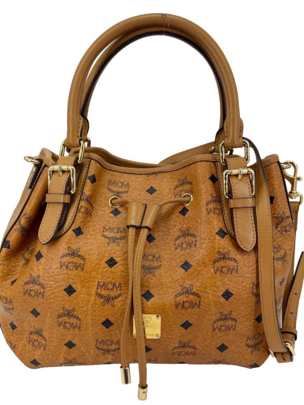 MCM  Visetos Canvas Drawstring Shopper Tote Bag Cognac